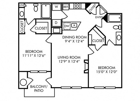 Floor plan for 2 beds, 2 baths, 1130 sqft
